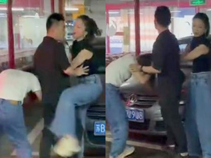 女子(右)在百貨公司停車場「捉姦」，更一度出手襲擊小三(左)，但其丈夫(中)只一面倒坦護情人。網圖