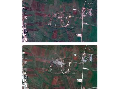 人造衛星圖片顯示敘利亞境內一些設施受到廣泛破壞（下圖），上圖為未被空襲前設施完好。網圖
