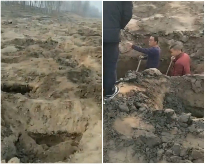 多名村民在京杭大运河上挖出数千个坑洞以盗宝。影片截图