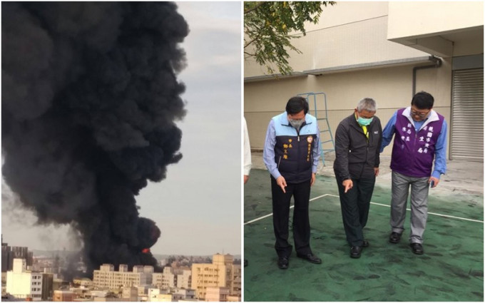 鄭文燦視察中壢國中火災所留下的碳黑產生粒狀物的污染。圖桃園市政府教育局