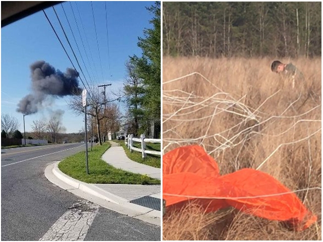 從現場拍攝到的照片顯示，戰機墜地後著火焚燒，冒出滾滾黑煙（圖左）。圖右是及時彈出的機師。網圖