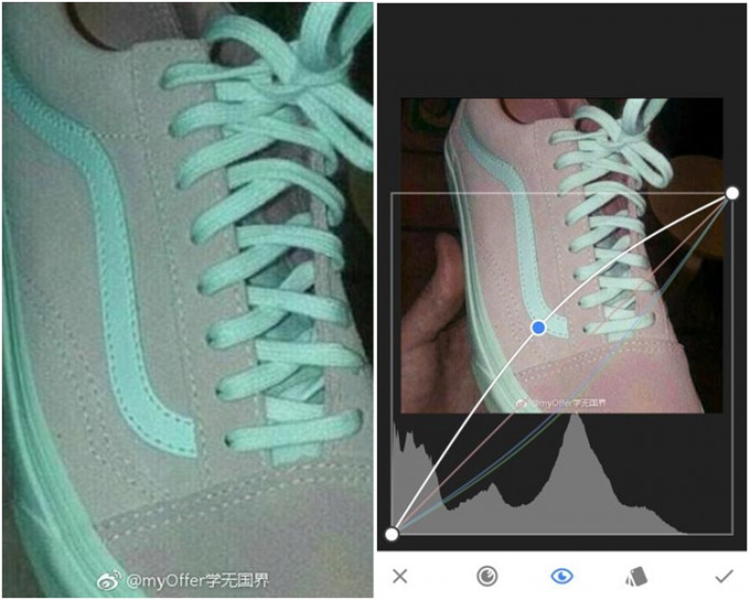微博网民昨日争论一只球鞋是粉白色还是灰绿色。网图
