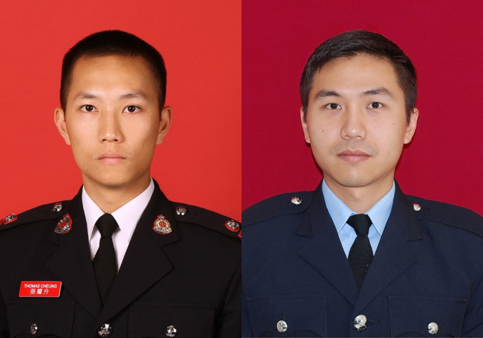 2名殉职消防员，包括高级消防队长张耀升及消防队目许志杰。 资料图片