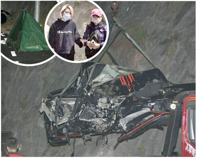 林寶堅尼被撞成廢鐵。（小圖左：警方以帳篷遮蓋死者遺體；小圖右為死者家屬。）