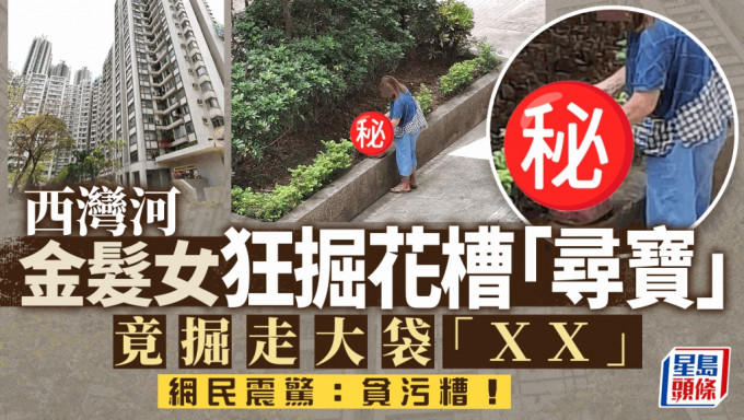 西湾河金发女狂掘花槽「寻宝」 竟掘走大袋「XX」 网民震惊：贪污糟