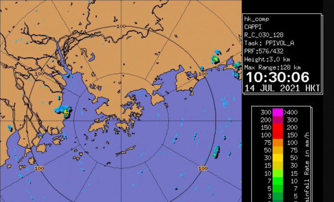 雷達圖象顯示珠海有驟雨發展。天文台