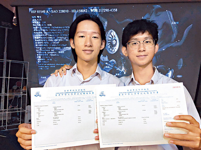雙胞胎兄弟賴俊傑（右）及賴譽銘互相督促學習，在文憑試分別考獲六科三十分及六科二十八分佳績。