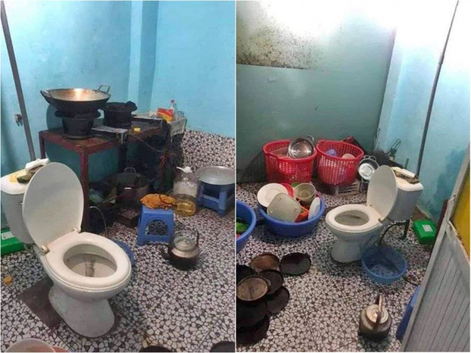 越南一名女子到男朋友家中作客时，竟发现马桶在厨房正中间。网图