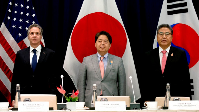 （由左至右）美国国务卿布林肯、日本外相林芳正、南韩外长朴振。AP图片