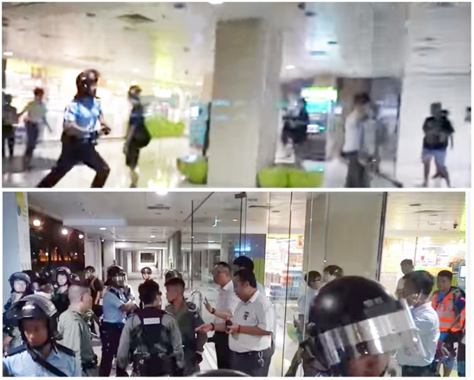 警方追捕商场至入口时（上），遭在场保安员阻止进入（下）。FB「香港大学学生会校园电视」截图