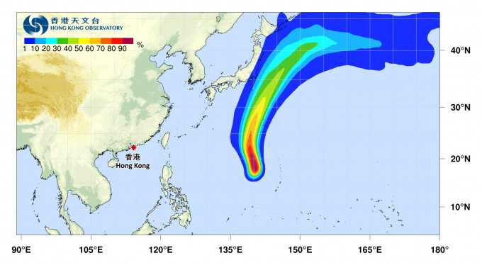 蔷琵大致移向日本以南海域。天文台热带气旋路径概率预报 (试验版)