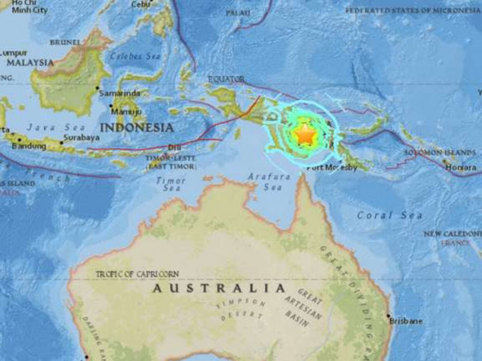根据美国地质调查所观测显示，巴布亚新几内亚的南高地省今晨发生规模7.5地震。(网图)