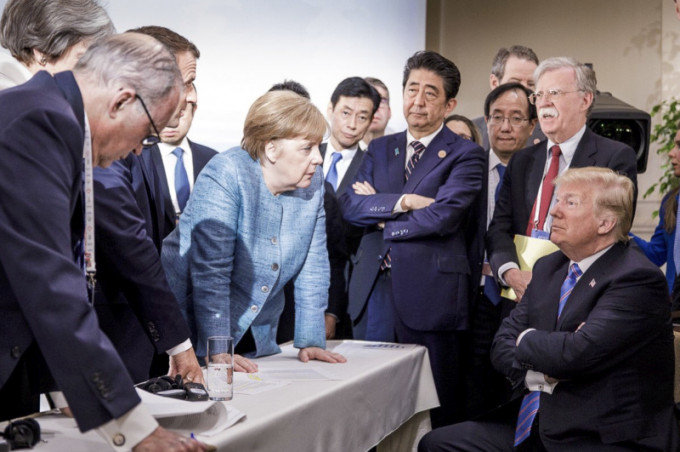 美國在G7峰會上跟六國就貿易問題上鬧僵。AP