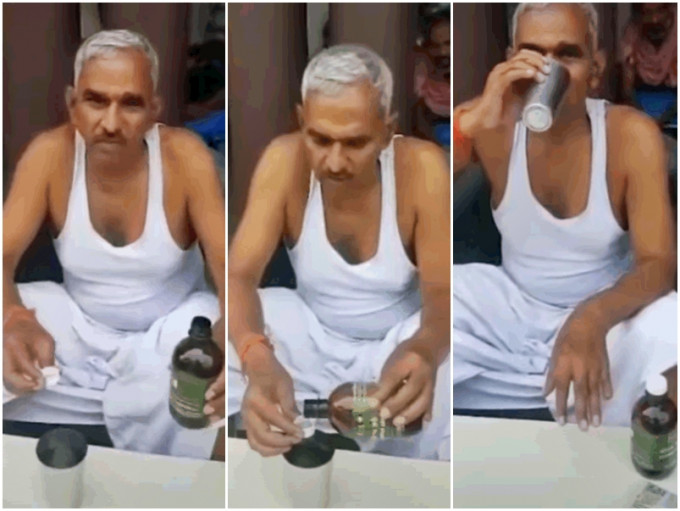 印度人民黨議員辛格拍攝宣傳牛尿有防新冠病毒功效的影片，並親身示範飲牛尿的過程。影片截圖