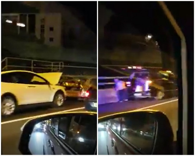 最後的車輛疑似受損(左)、較前位置再有私家車停泊(右)。facebook群組「香港突發事故報料區」Agnes Tsui