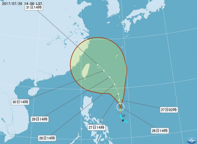 气象局预测「纳沙」周末最接近台湾。