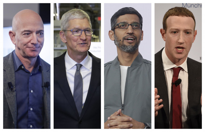 左起，亚马逊集团创办人贝索斯、苹果公司行政总裁库克、Google集团行政总裁皮查伊及facebook行政总裁朱克伯格。 AP资料图片