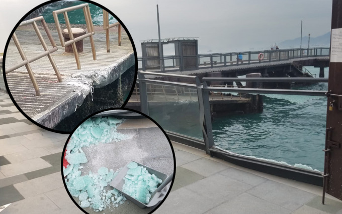 中西区海滨长廊的玻璃围栏及石壆被撞毁。 杨伟亨摄