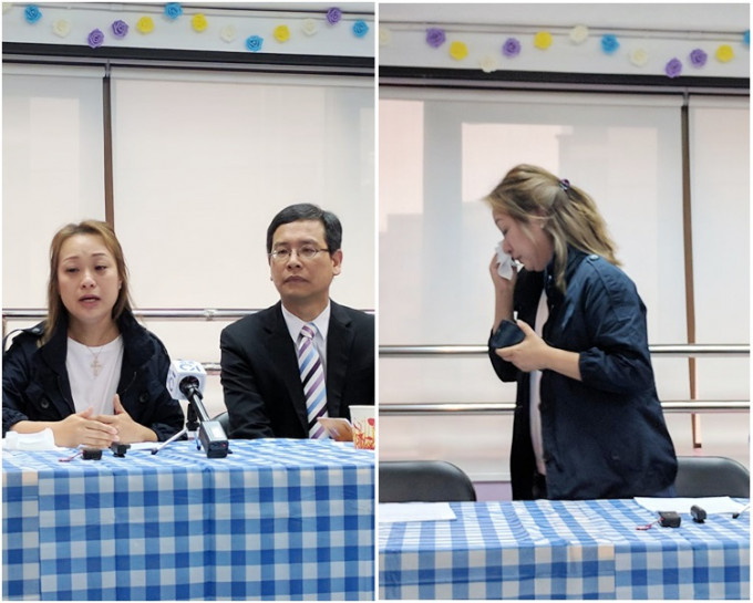王小姐要求教育局特事特办，期间一度落泪（图右）。