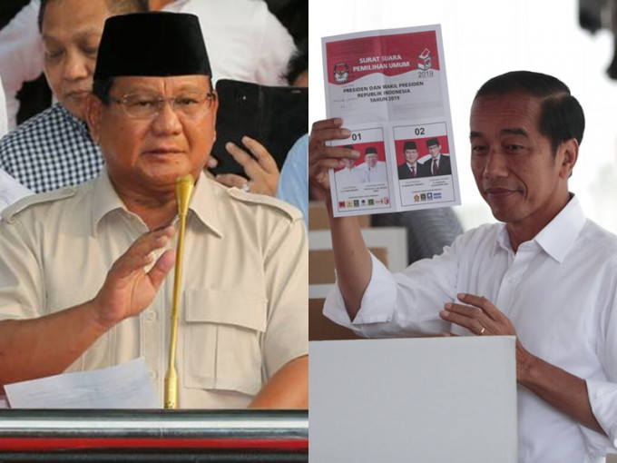 印尼大選，現任總統維多多(右)成功連任，擊敗對手普拉博沃(左)。　AP圖片