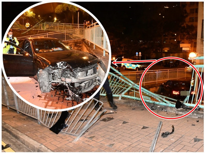 平治房車失控撞毀兩重鐵欄後飛墮4米山坡（紅圈示），車頭損毀嚴重（小圖）。