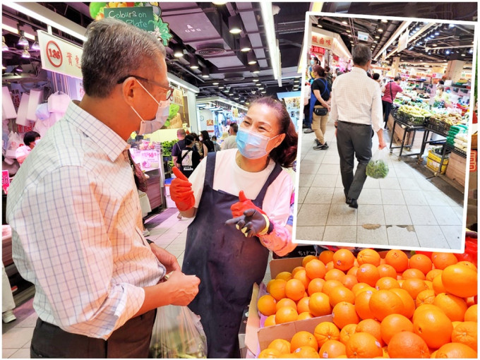 陈茂波趁逛街市买餸时与商户聊天，了解经济市道，以至电子支付的应用情况。网图