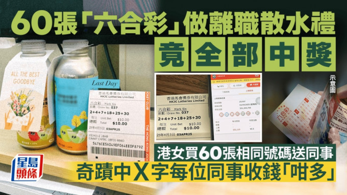 60張「六合彩」做離職散水禮竟全部中獎 港女買60張相同號碼送同事 奇蹟中Ｘ字每位同事收錢「咁多」｜Juicy叮