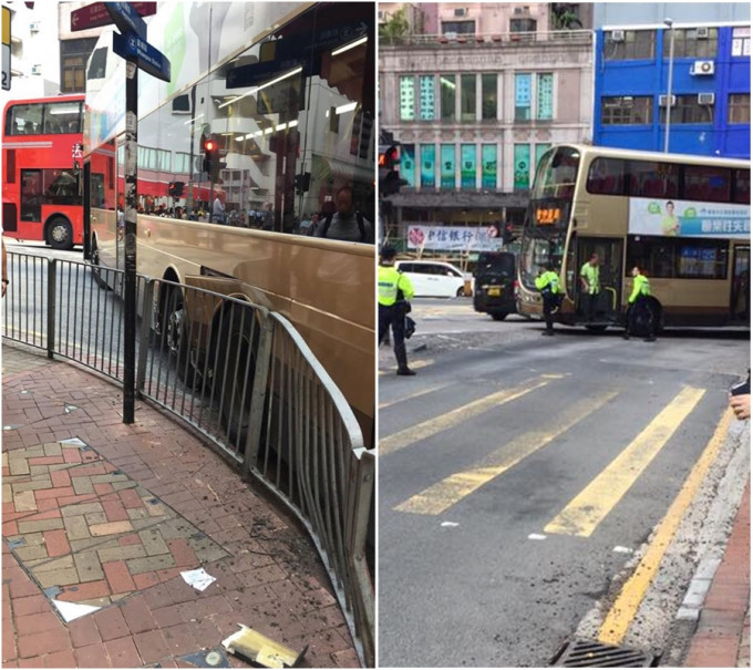 巴士轉彎時掃毀行人路欄杆。網民‎Jeffrey HO‎ 圖片