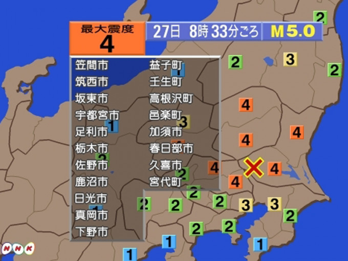 日本茨城县南部今发生规模5级地震。（NHK）