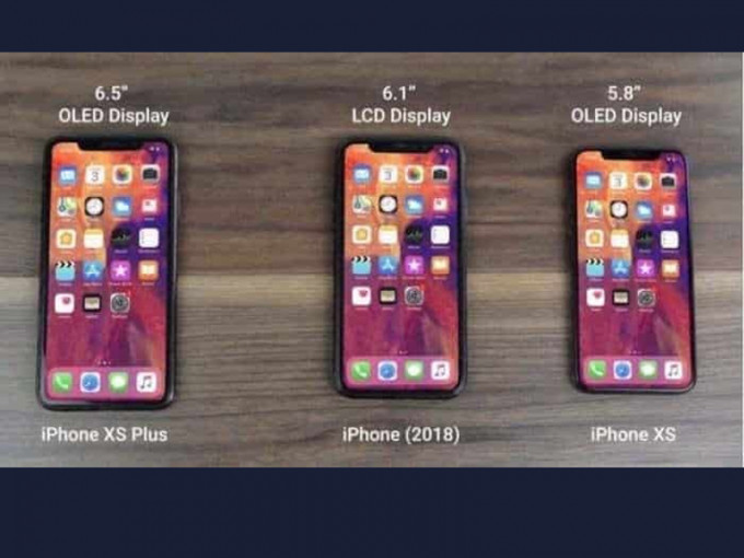  iPhone X 的設計，當中兩款使用 5.8 吋和 6.5 吋 OLED 屏幕，另一款 6.1 吋的則使用 LCD 屏幕。（網圖）