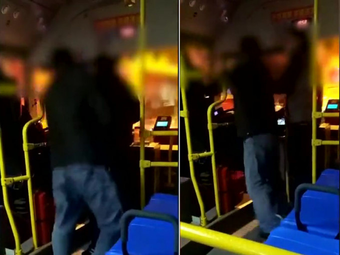 男乘客首先撞開另一名剛上車的男乘客（左圖），再揮拳毆打巴士司機（右圖）。（網圖）