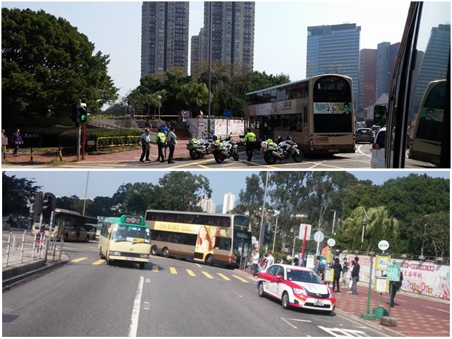 巴士失控掃毀鐵欄後，再剷上行人路掃毀路牌。香港突發事故報料區圖片