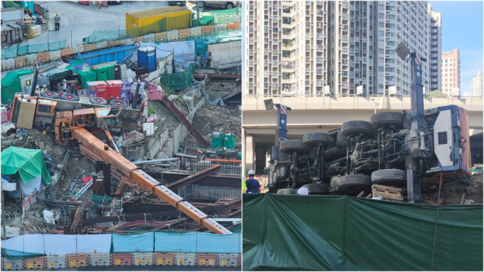 油麻地地盤吊臂車倒塌一片狼藉 司機逃生時受傷