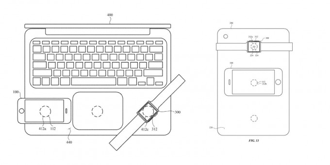 苹果申请的「电子设备间的电感充电」技术专利。网图
