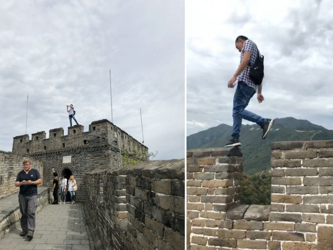 男子不顾安危，在北京慕田峪长城攀爬烽火台及垛口。（网图）