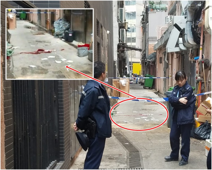 警方到場調查。現場遺下血跡（小圖）。