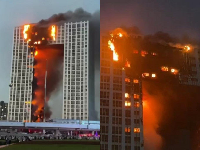 大连著名公寓昨日下午起火浓烟冲天，火势至晚上11时才被扑灭。网图