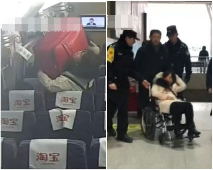 行李往架上放但甩手下墮砸晕行李架下的女乘客。