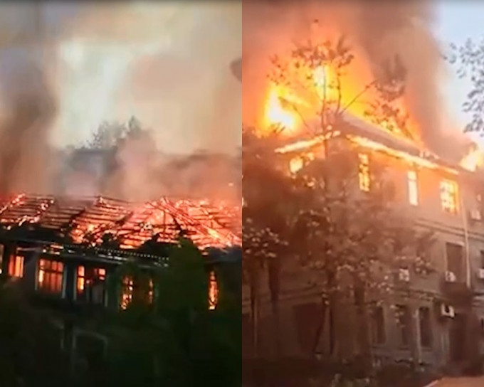 湘西政府辦公大樓樓頂起火。影片截圖
