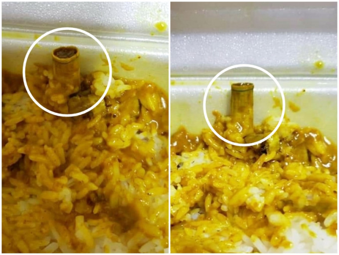 近日有網民外賣咖喱飯，卻見到裡面有煙頭。「中伏飲食報料區」Facebook圖片