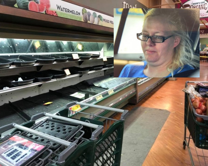女子(小图)进入超市，即向货架上的物品咳嗽。  Gerrity's Supermarket FB图