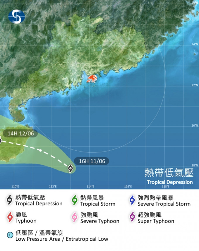 热带低气压会预料在本港西南500公里左右掠过。天文台预测路径