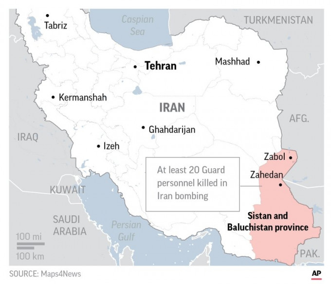 伊朗革命衛隊在東南部錫斯坦俾路支斯坦省受到自殺式炸彈襲擊。(網圖)