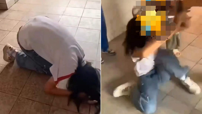 网传影片显示，广东女中学生在校被逼下跪磕头被同学轮流掌掴。