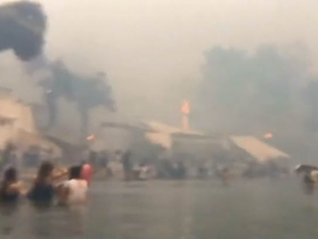 幾十名民眾在山火發生時，連人帶袋跳入海中逃生。 影片截圖