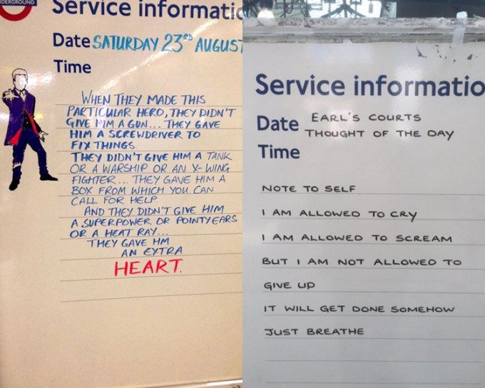 伦敦地铁站告示板，连Doctor Who亦是主角；而打气的句子更经常出现。网上图片