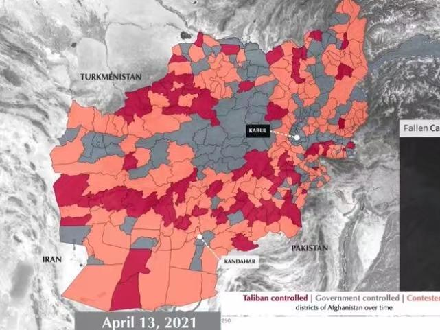 2021年4月13日的阿富汗局势图。红色区域代表被塔利班控制的区域，灰色区域为阿富汗政府军控制。