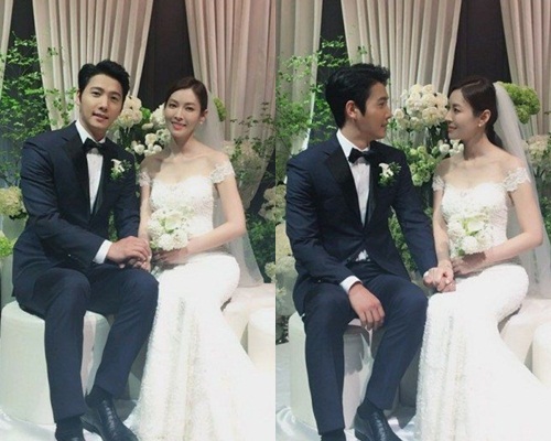 李尚禹和金素妍穿上礼服婚纱在婚礼现场作准备。