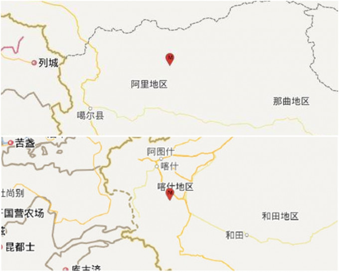 西藏（上）和新疆（下）先后4.1级和3级极浅层地震。网图