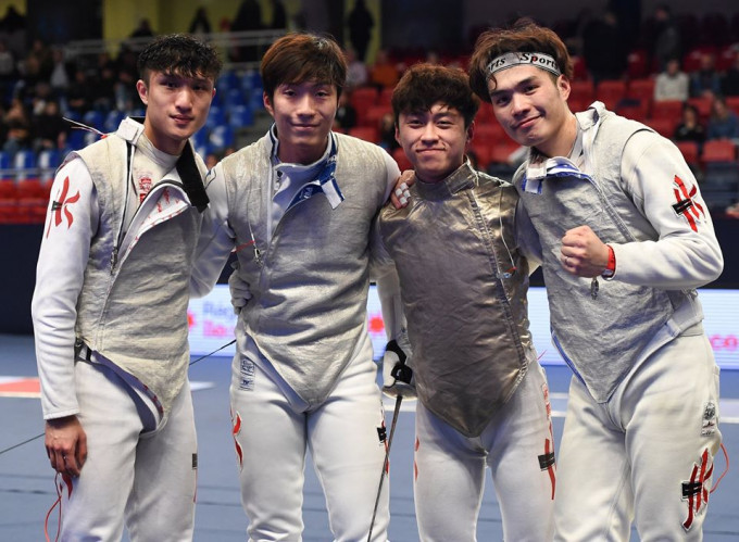蔡俊彦(左起)、张家朗、吴诺弘及张小伦出战男子花剑团体赛。 资料图片